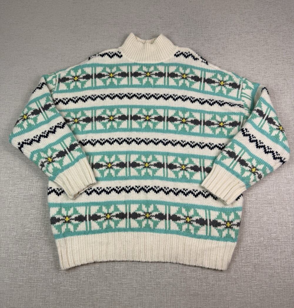 American Eagle Men’s Medium Fair Isle Sweater Mock Neck Nordic Ski Cream Aqua